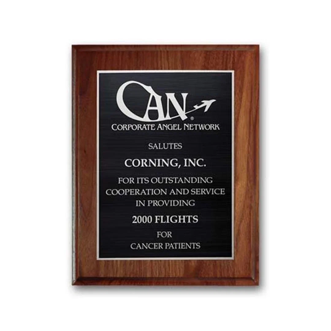 Custom Cove-Edge Walnut Wall Plaque with Etched and Antiqued Plate for service anniversary gifts