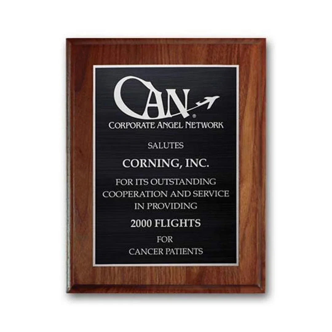 Custom Cove-Edge Walnut Wall Plaque with Etched and Antiqued Plate for sales achievement awards