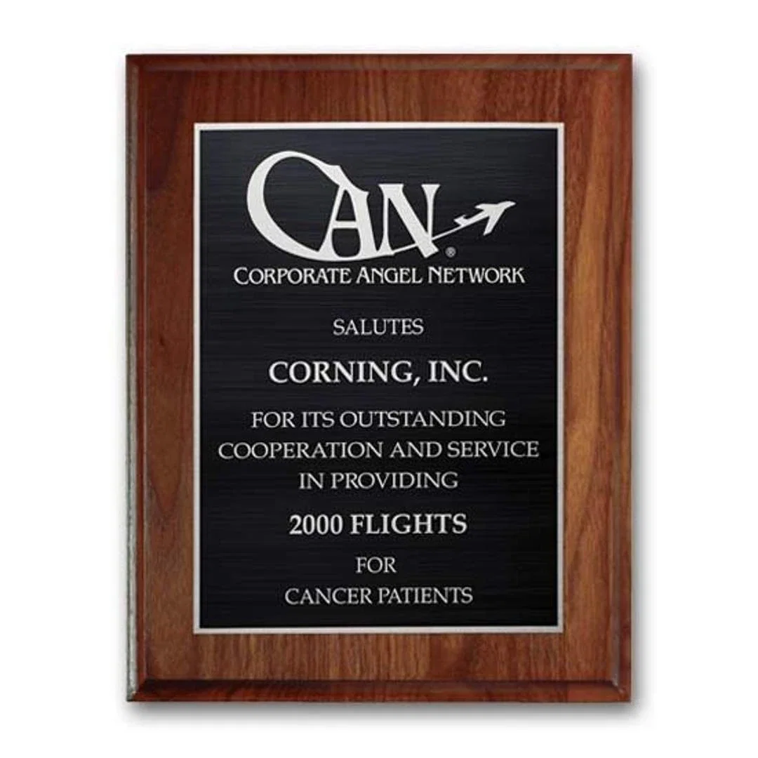 Custom Cove-Edge Walnut Wall Plaque with Etched and Antiqued Plate for retirement presentations