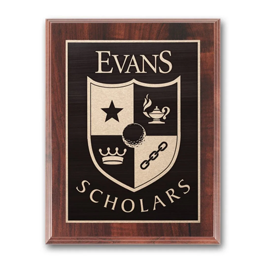 Custom Simulated Walnut Wall Plaque with Etched and Antiqued Plate for employee recognition