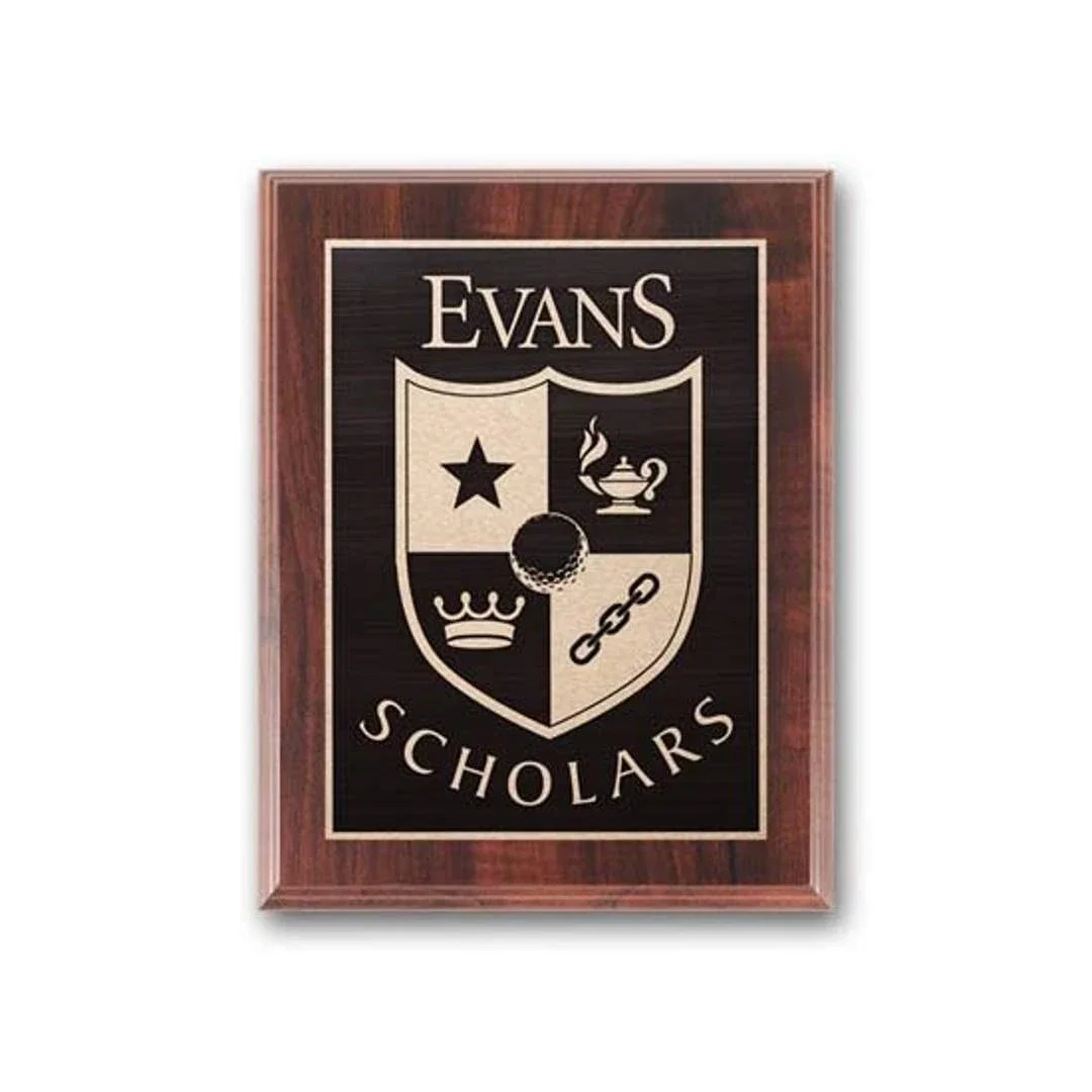 Custom Simulated Walnut Wall Plaque with Etched and Antiqued Plate for corporate award ceremonies