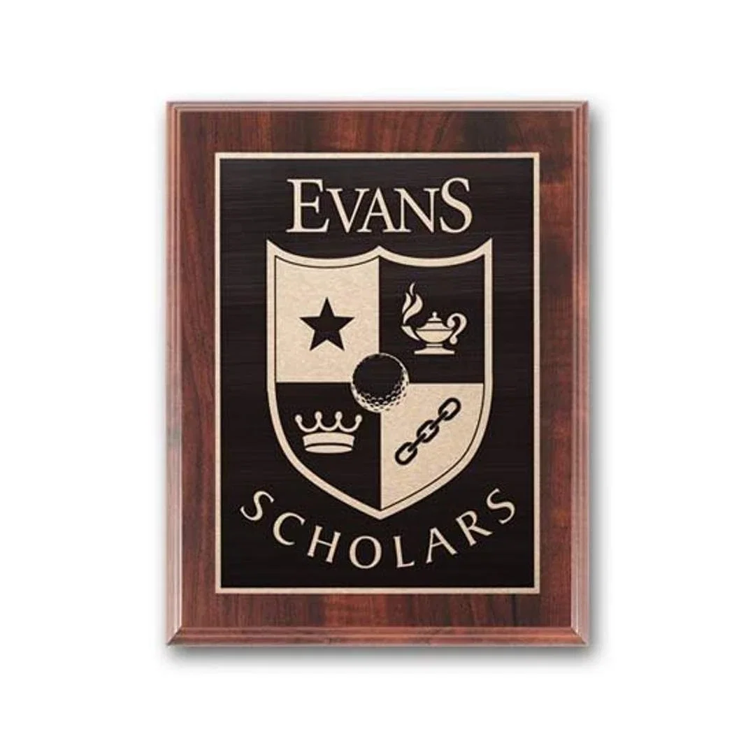 Custom Simulated Walnut Wall Plaque with Etched and Antiqued Plate for service anniversary gifts