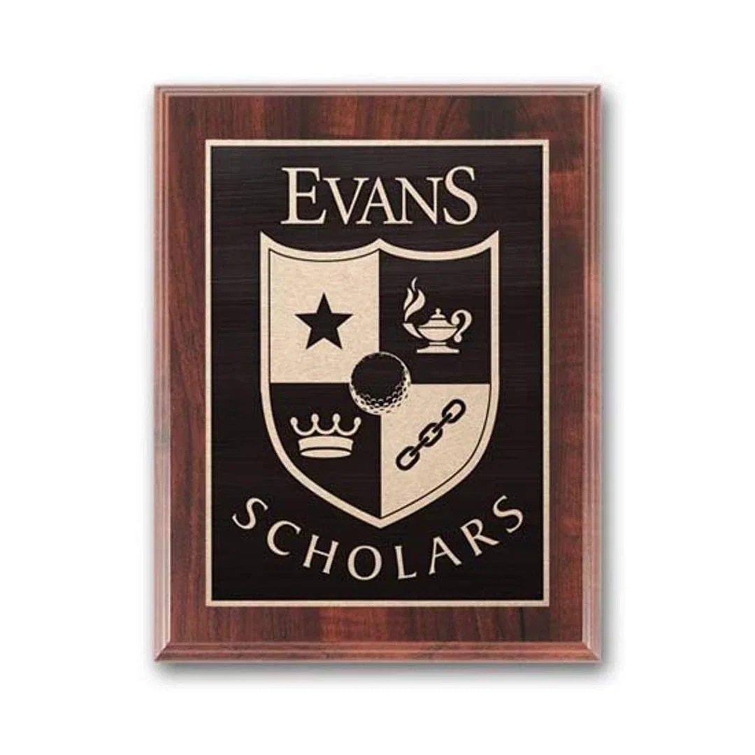 Custom Simulated Walnut Wall Plaque with Etched and Antiqued Plate for sales achievement awards