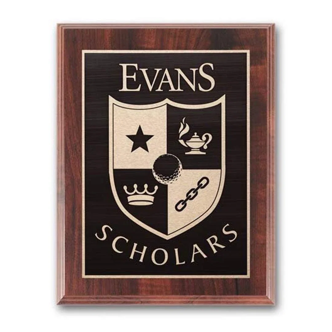 Custom Simulated Walnut Wall Plaque with Etched and Antiqued Plate for retirement presentations