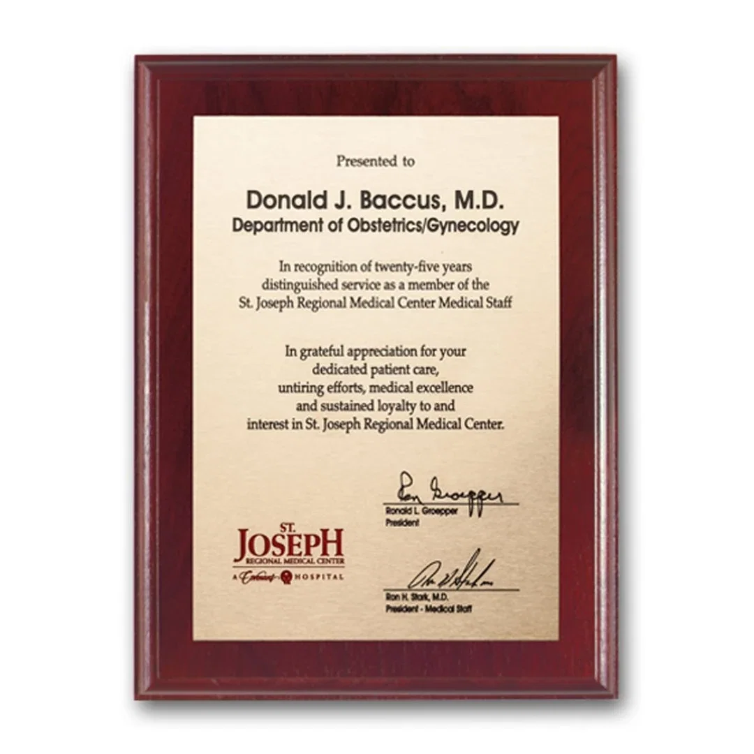Custom Etched and Colorfilled Plaque on Mahogany Walnut for employee recognition