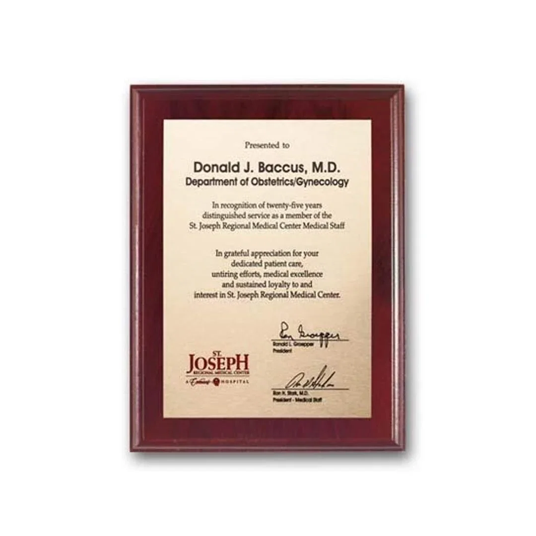 Custom Etched and Colorfilled Plaque on Mahogany Walnut for corporate award ceremonies