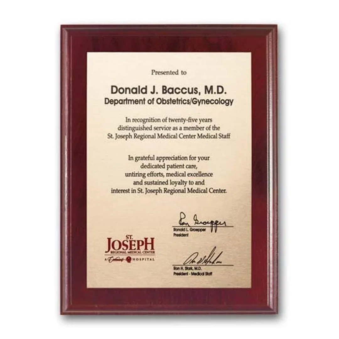 Custom Etched and Colorfilled Plaque on Mahogany Walnut for retirement presentations