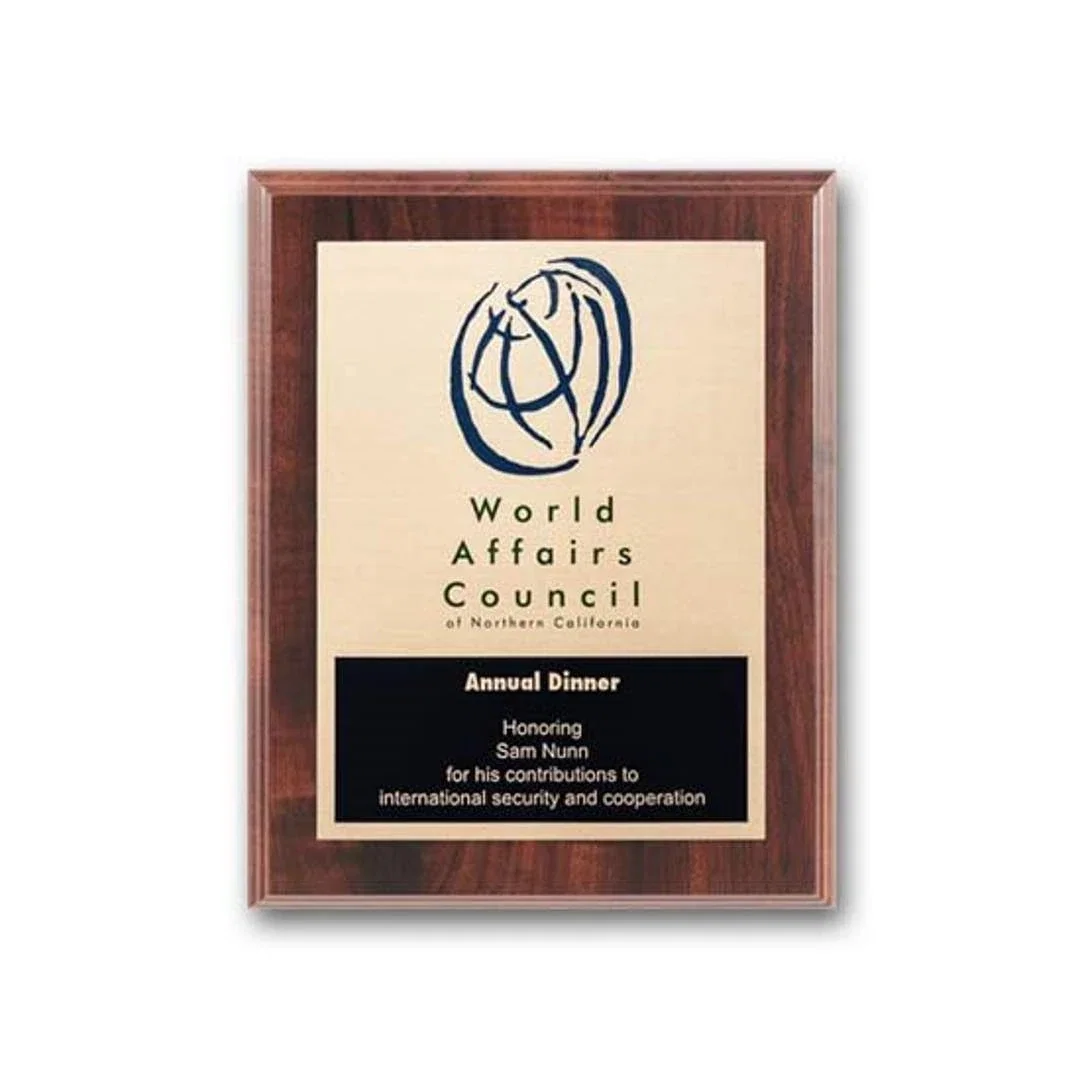 Custom Etched and Colorfilled Plaque on Simulated Walnut for corporate award ceremonies