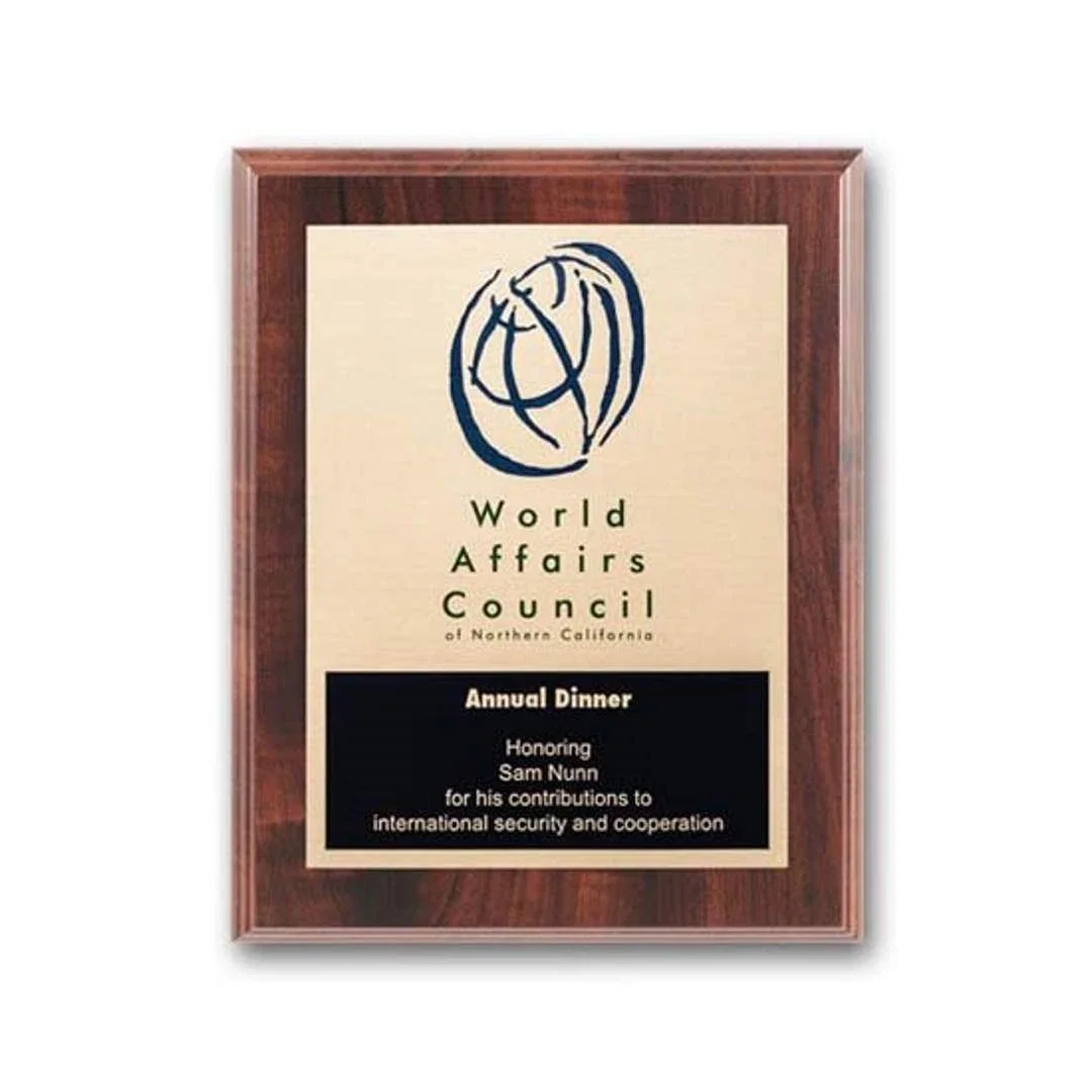 Custom Etched and Colorfilled Plaque on Simulated Walnut for service anniversary gifts