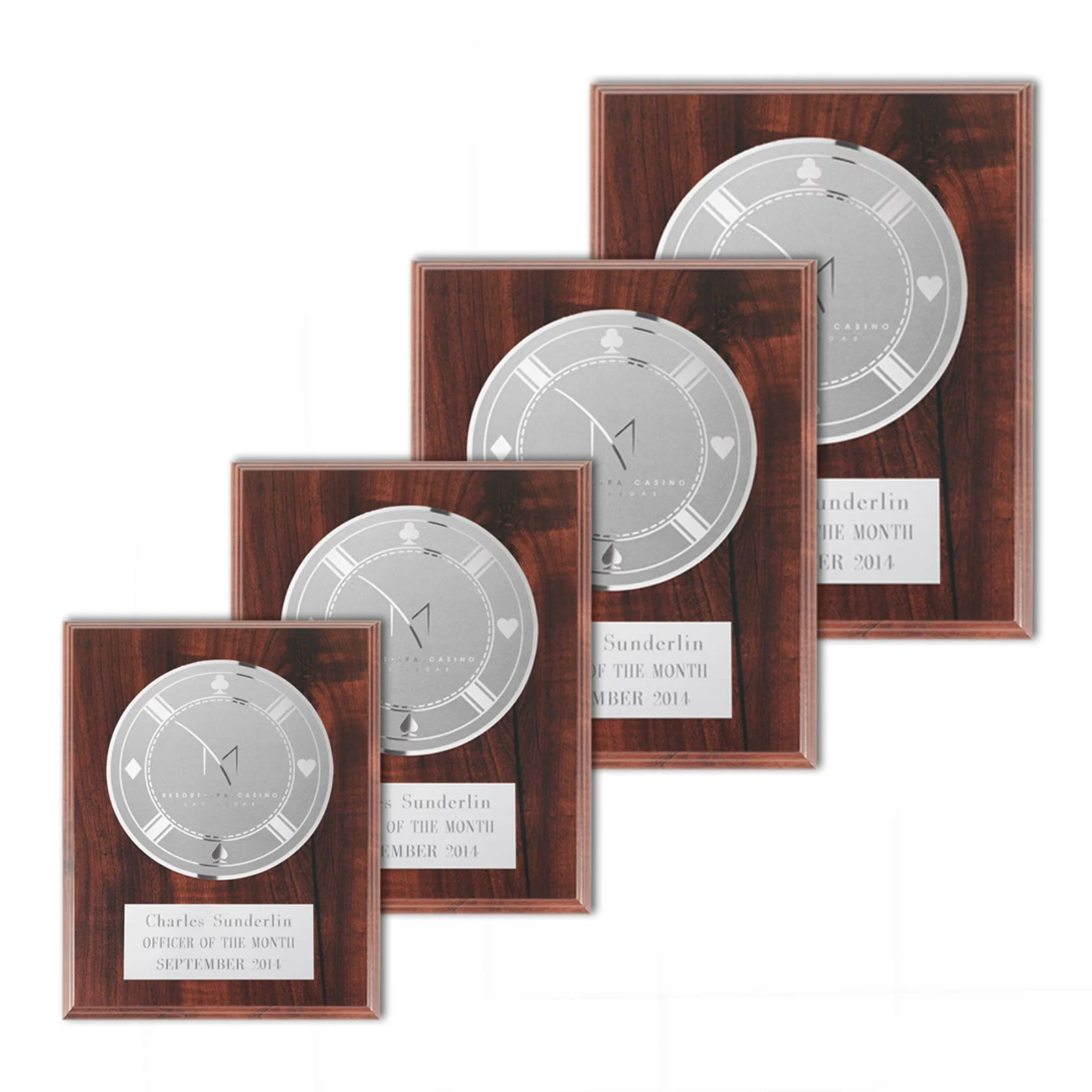 Custom Simulated Walnut Wall Plaque with Etched and Frosted Plate, circle award for employee recognition