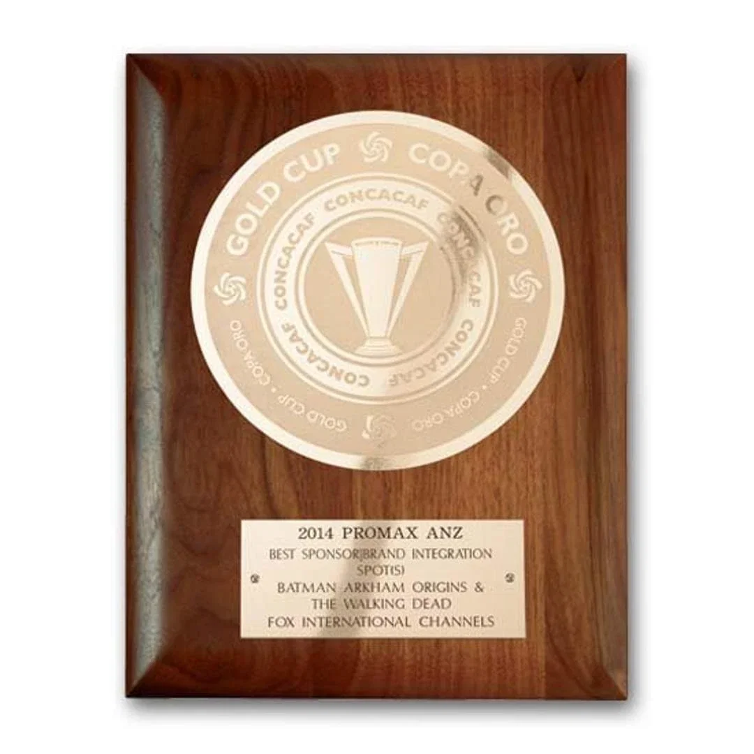 Custom Simulated Walnut Wall Plaque with Etched and Frosted Plate, circle award for volunteer appreciation