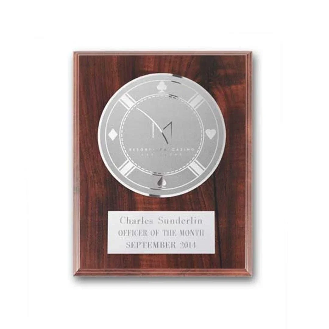 Custom Simulated Walnut Wall Plaque with Etched and Frosted Plate, circle award for corporate award ceremonies