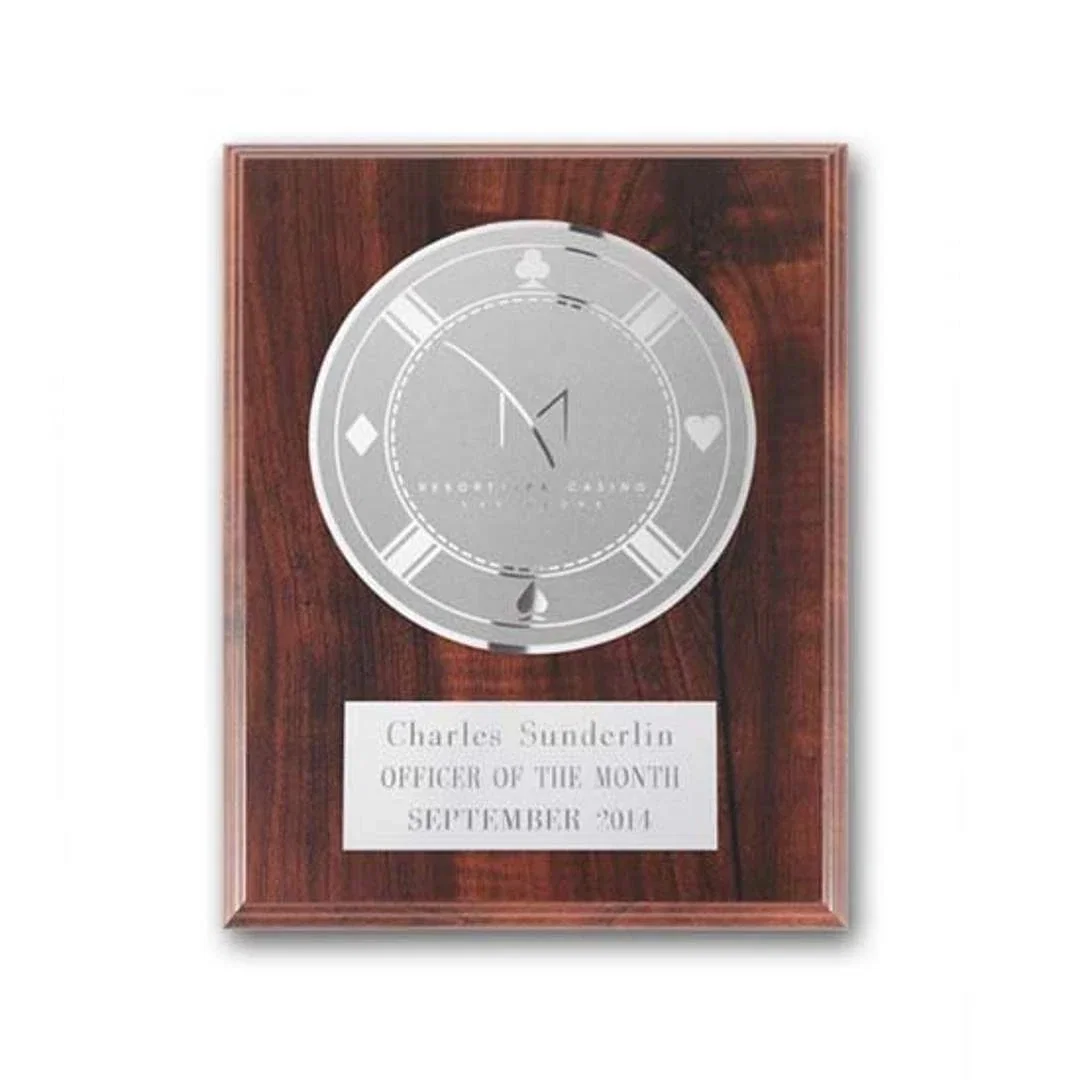 Custom Simulated Walnut Wall Plaque with Etched and Frosted Plate, circle award for service anniversary gifts