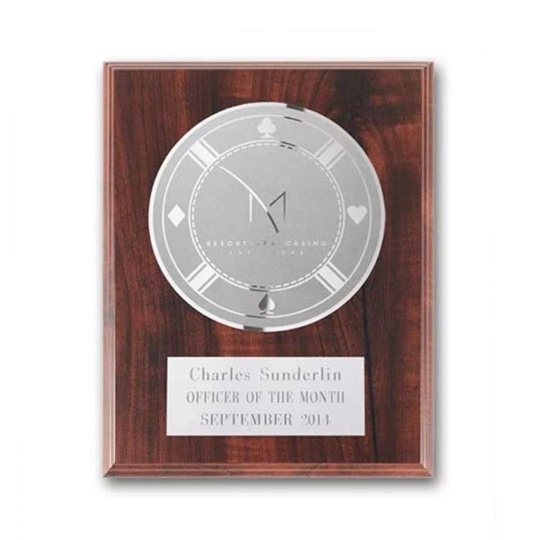 Custom Simulated Walnut Wall Plaque with Etched and Frosted Plate, circle award for sales achievement awards