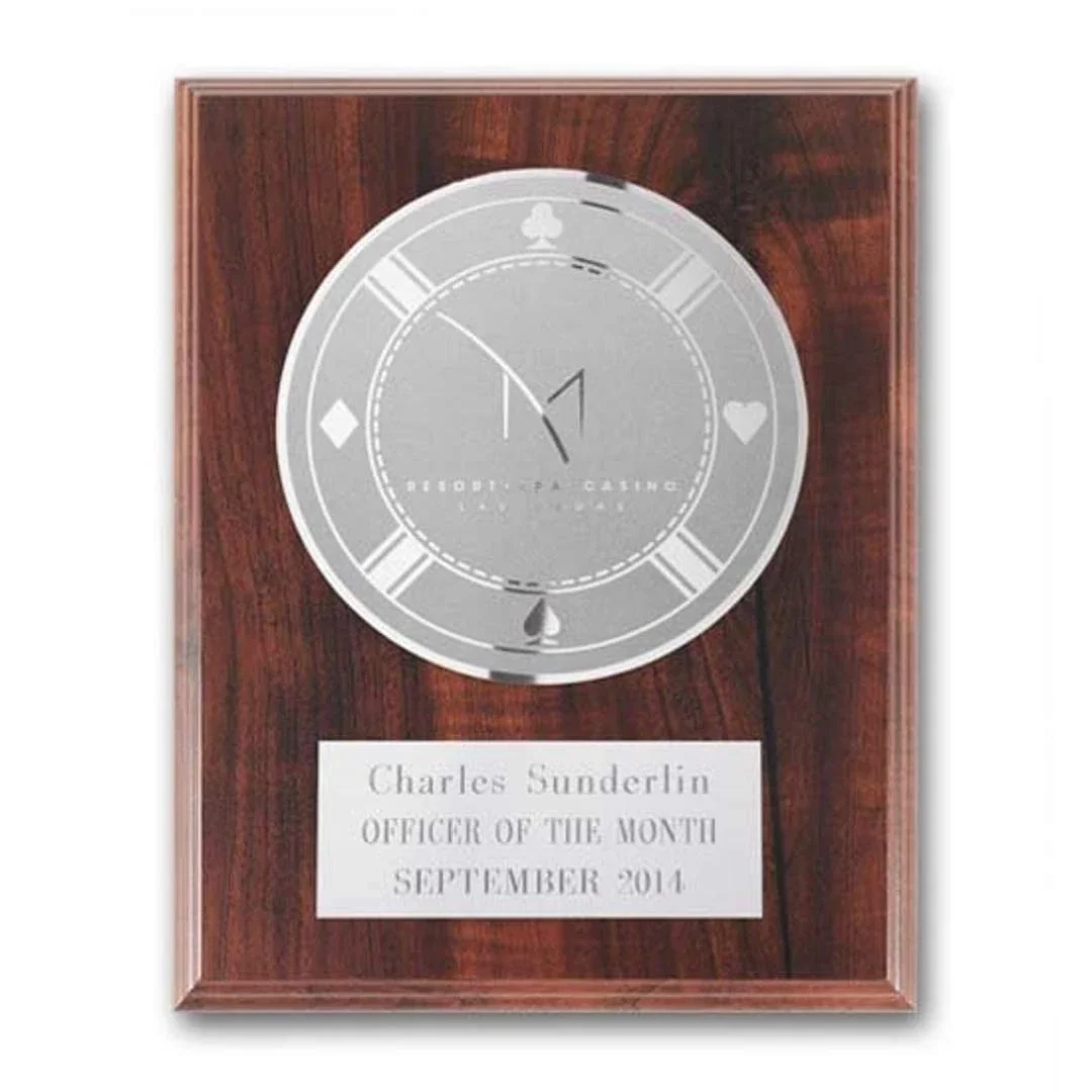 Custom Simulated Walnut Wall Plaque with Etched and Frosted Plate, circle award for retirement presentations