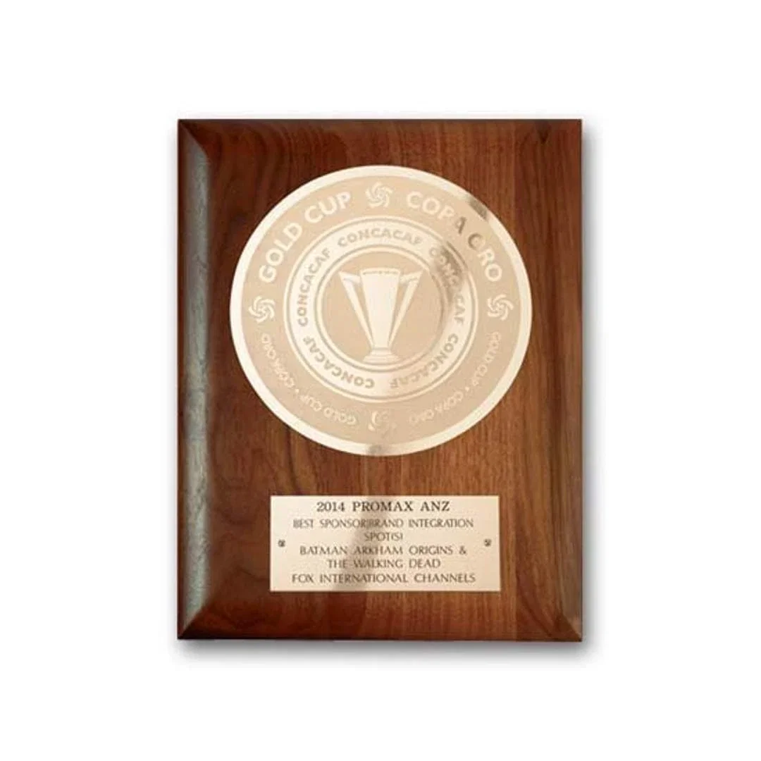 Custom Simulated Walnut Wall Plaque with Etched and Frosted Plate, circle award for donor appreciation