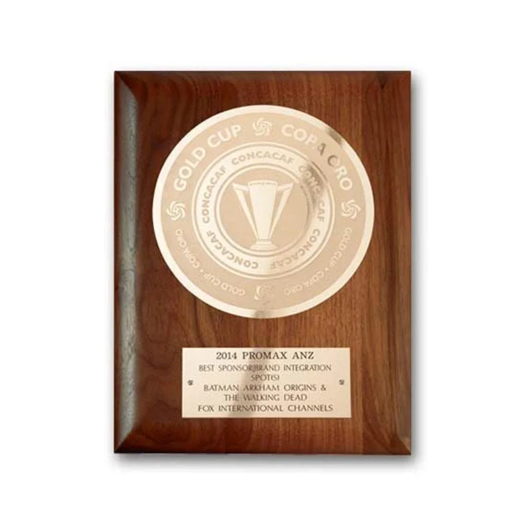 Custom Simulated Walnut Wall Plaque with Etched and Frosted Plate, circle award for graduation ceremonies