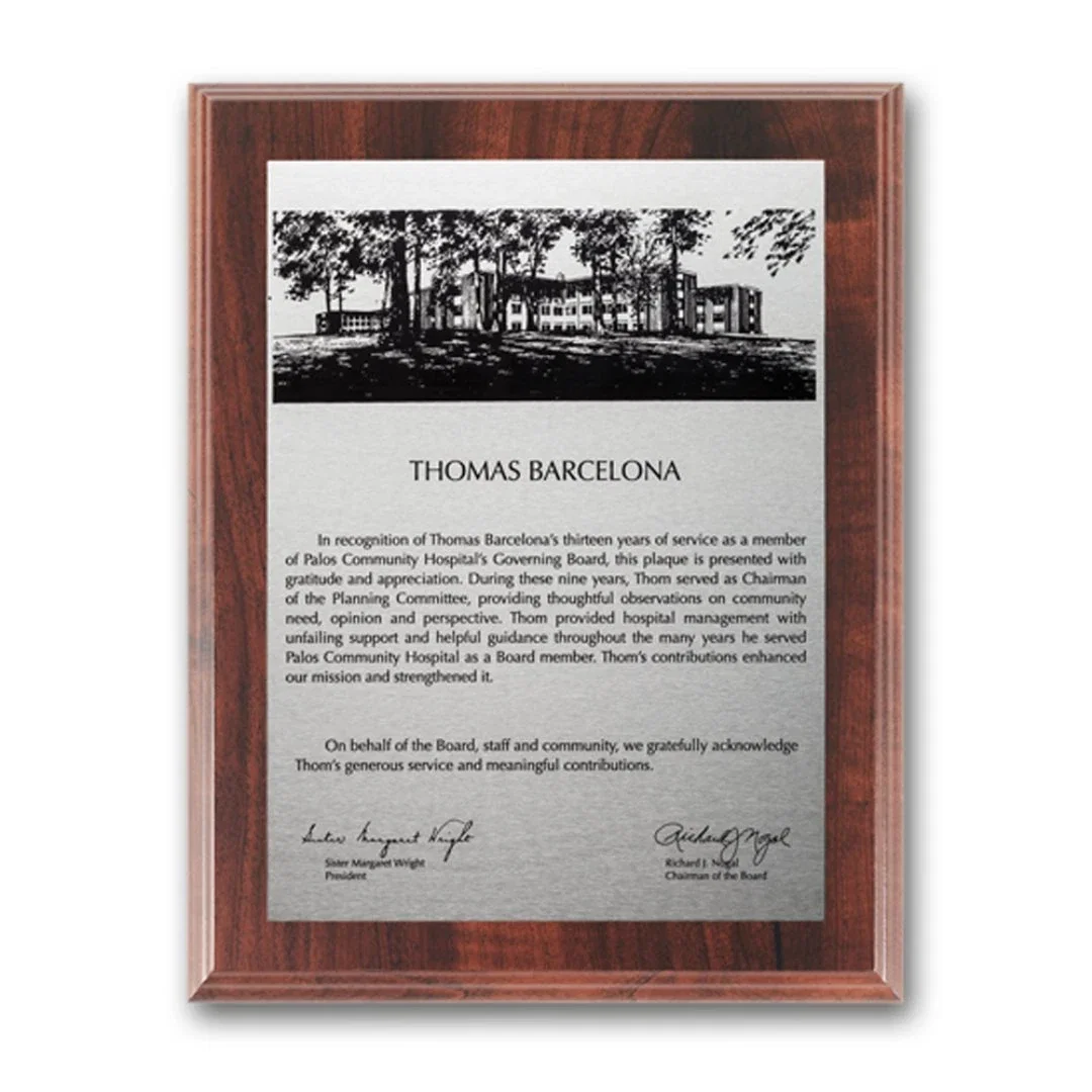 Custom Simulated Walnut Wall Plaque with Etched and Oxidized Plate for employee recognition