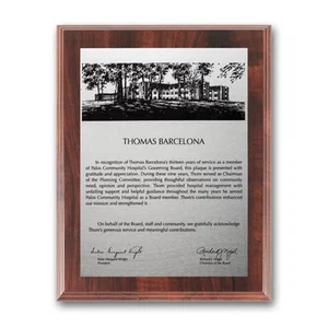 Simulated Walnut Wall Plaque with Etched and Oxidized Plate