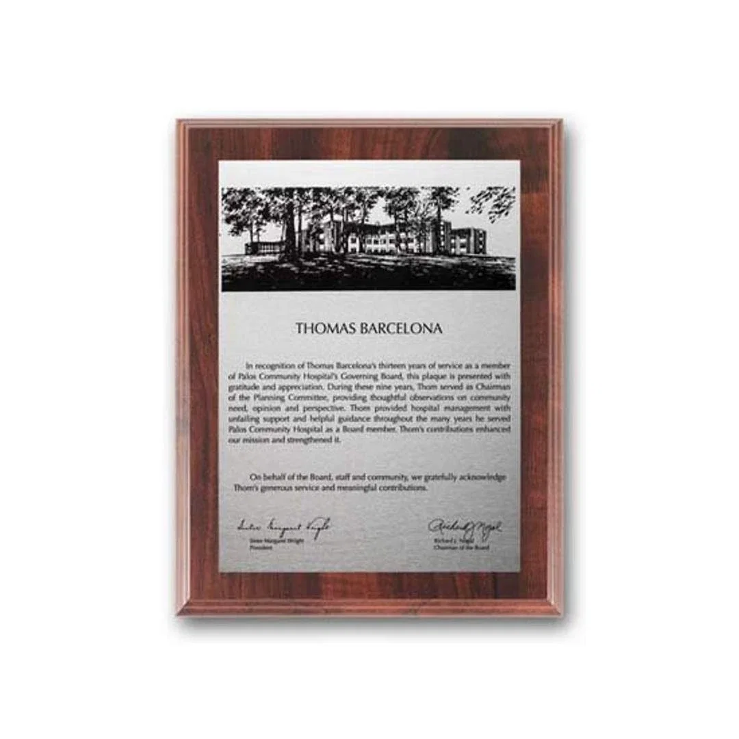 Custom Simulated Walnut Wall Plaque with Etched and Oxidized Plate for corporate award ceremonies