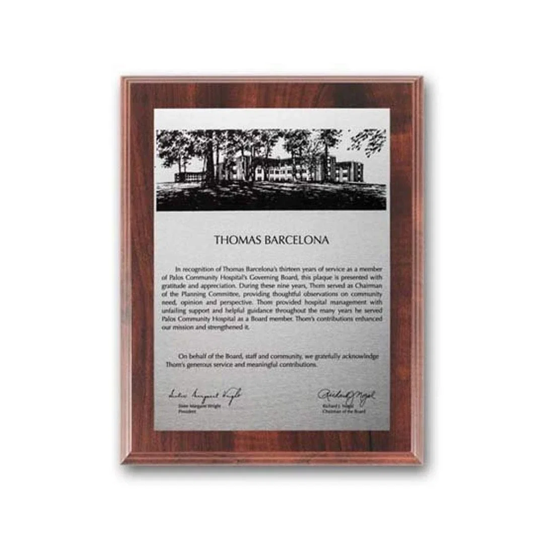 Custom Simulated Walnut Wall Plaque with Etched and Oxidized Plate for service anniversary gifts