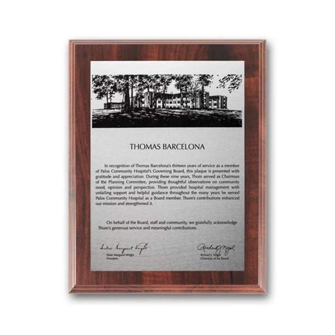 Custom Simulated Walnut Wall Plaque with Etched and Oxidized Plate for sales achievement awards