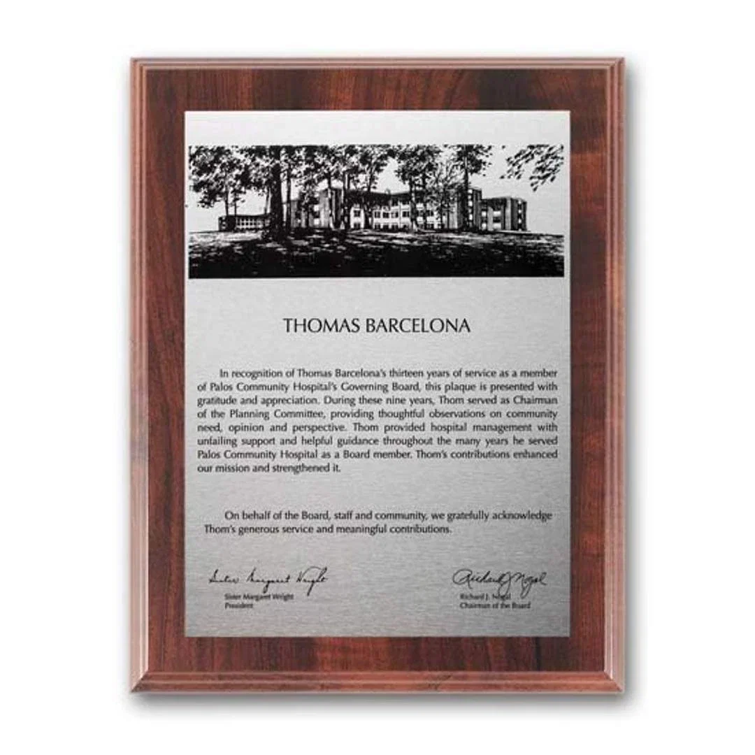 Custom Simulated Walnut Wall Plaque with Etched and Oxidized Plate for retirement presentations