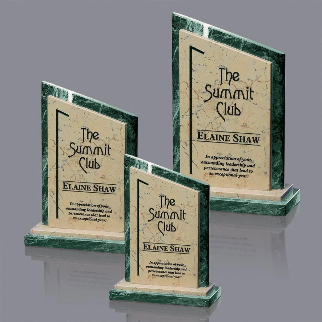 Custom Green and Botticino Marble Peak Award With Color-Fill Accent for employee recognition