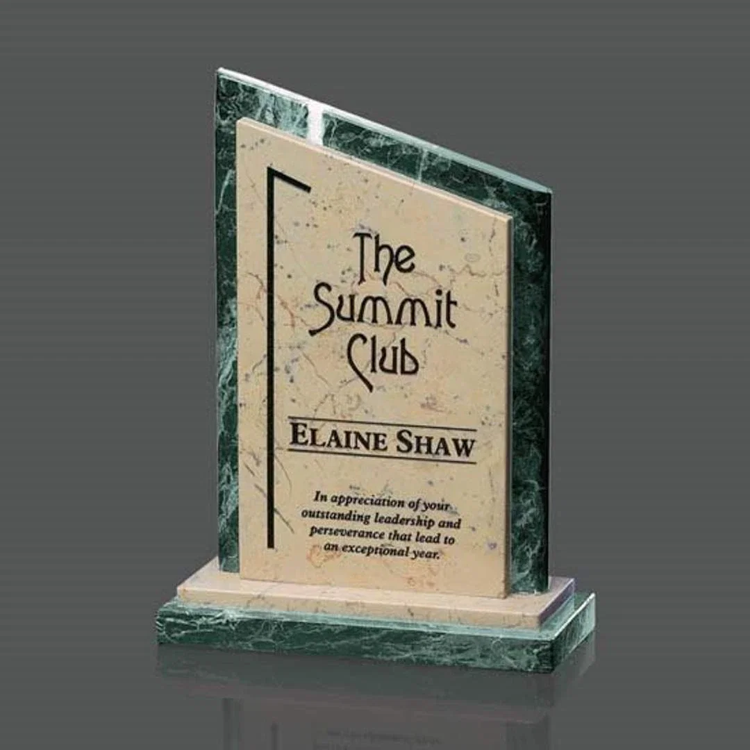 Custom Green and Botticino Marble Peak Award With Color-Fill Accent for corporate award ceremonies