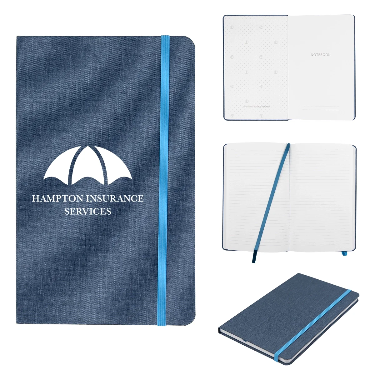 Blue rPET journal with a recycled fabric cover