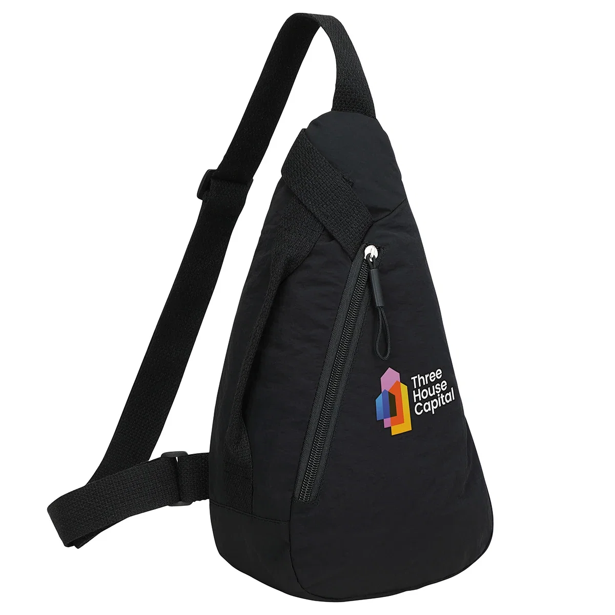 Close-up of the custom Europa Crossbody Nylon Sling Bag's logo imprint area