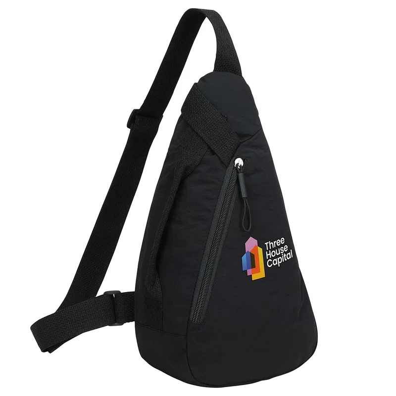 Close-up of the custom Europa Crossbody Nylon Sling Bag's logo imprint area