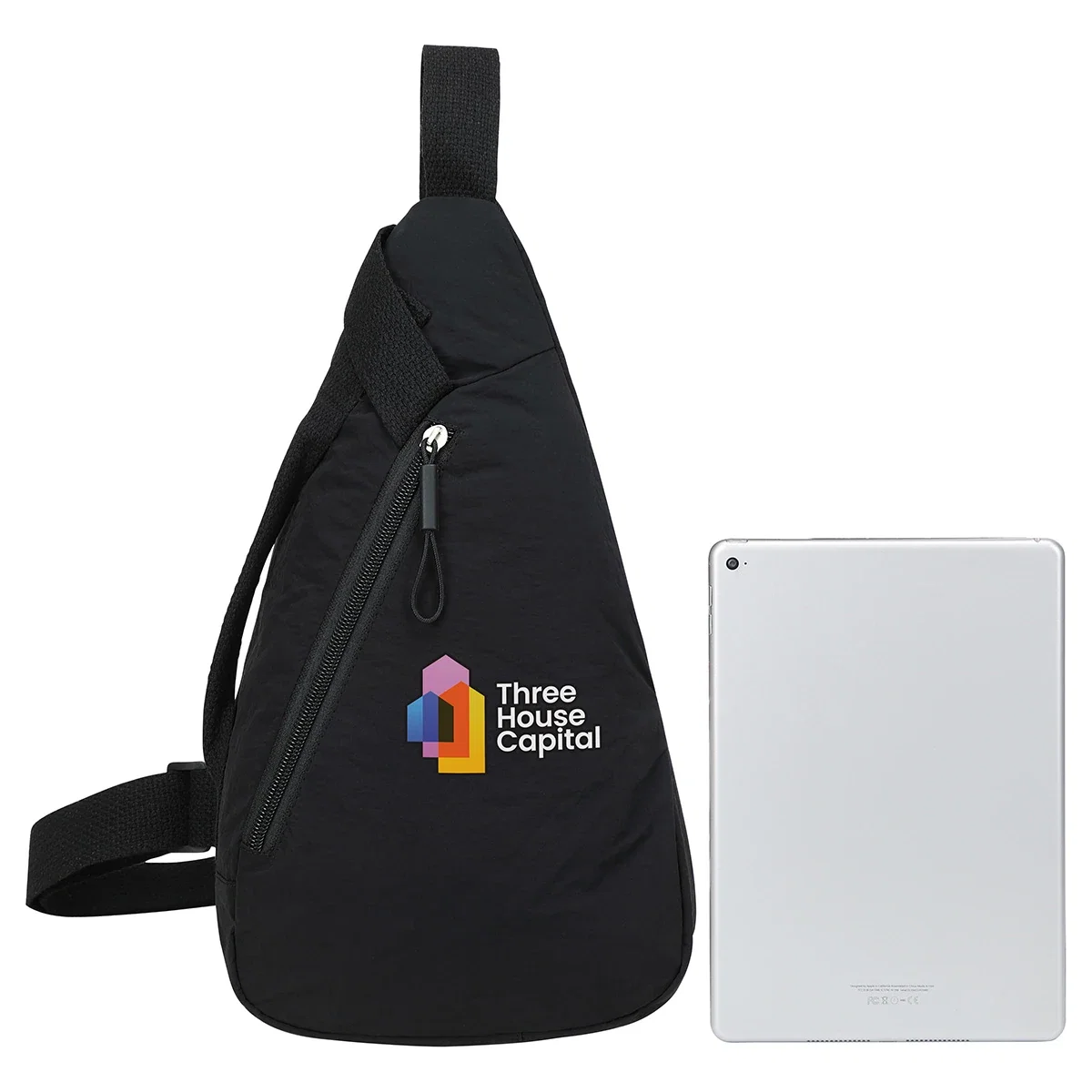 Model wearing the branded Europa Crossbody Nylon Sling Bag, promotional sling bag lifestyle shot