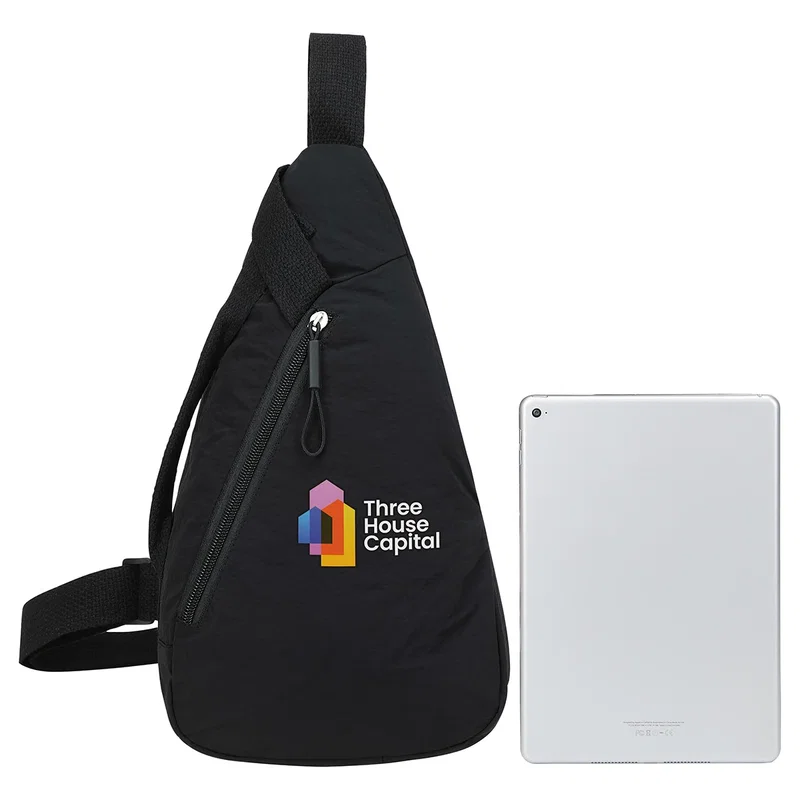Model wearing the branded Europa Crossbody Nylon Sling Bag, promotional sling bag lifestyle shot
