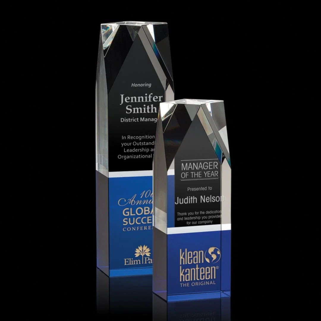 Custom Blue Optical Crystal Award with Beveled Top on Thick Block, awards for employee recognition