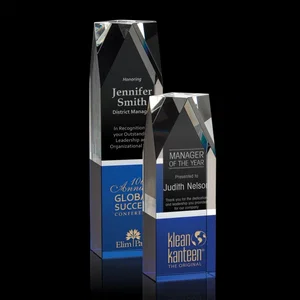 Blue Optical Crystal Award with Beveled Top on Thick Block