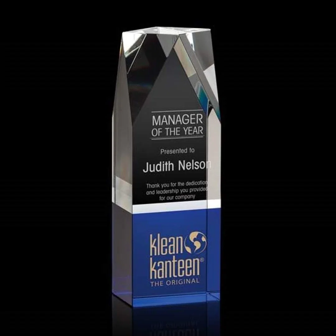 Custom Blue Optical Crystal Award with Beveled Top on Thick Block, awards for corporate award ceremonies