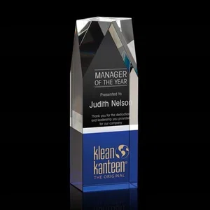 Blue Optical Crystal Award with Beveled Top on Thick Block