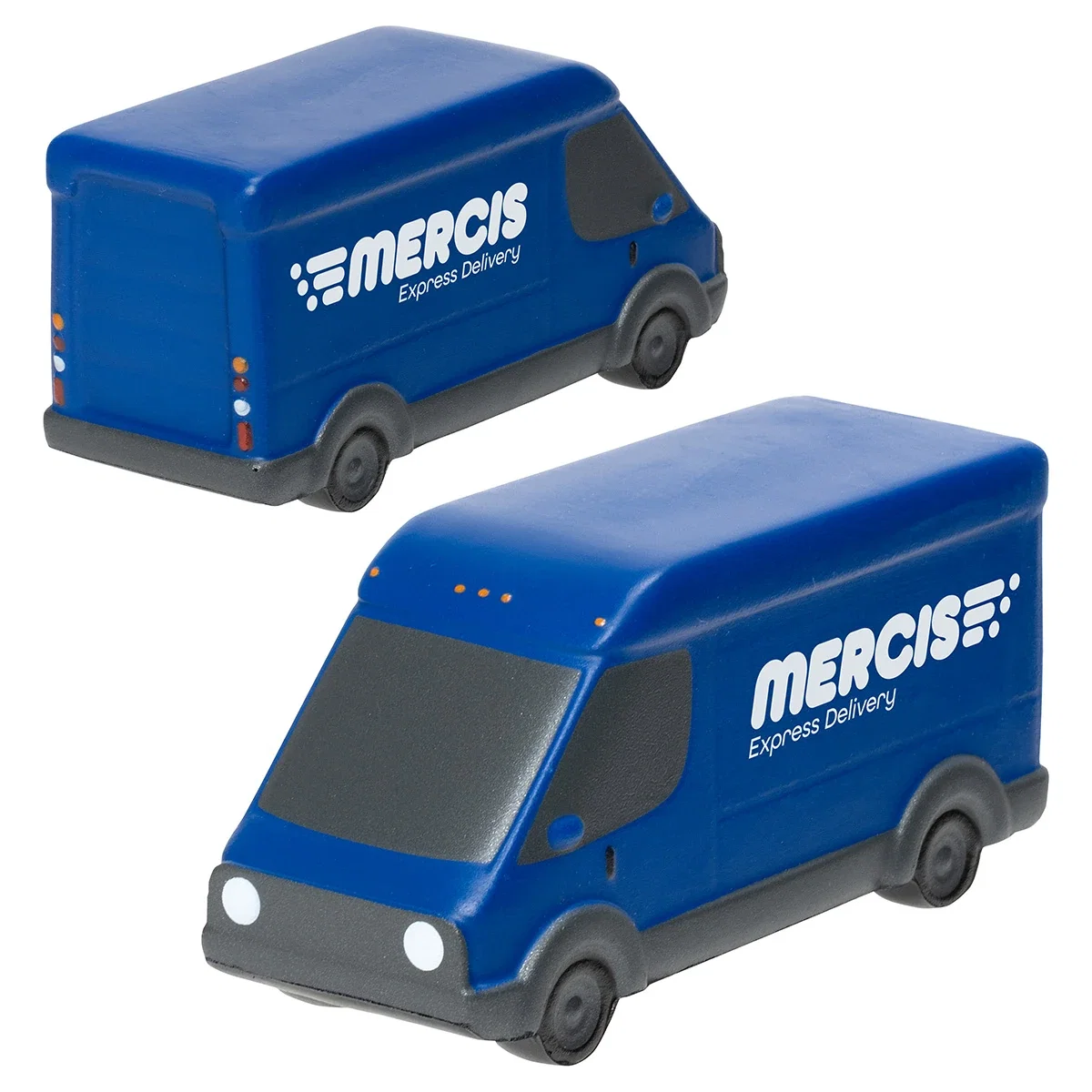 Custom EV Delivery Van Stress Reliever, front view of the branded foam van