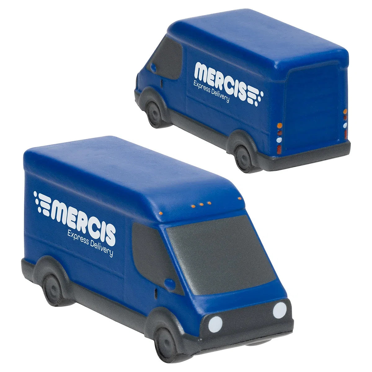 EV Delivery Van Stress Reliever shown from alternate front and rear angles, highlighting the wheels and cargo doors