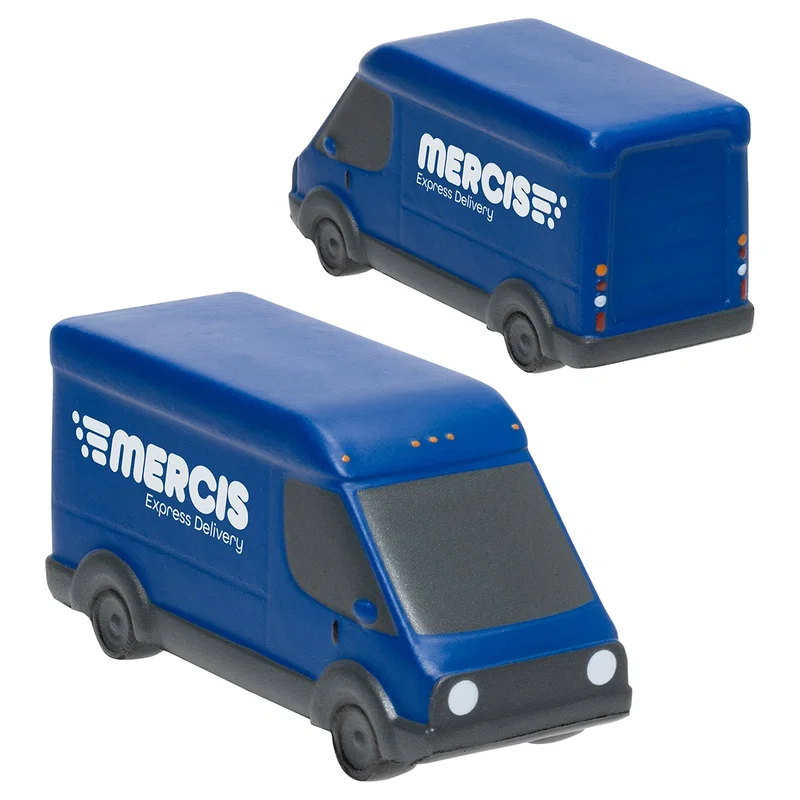 EV Delivery Van Stress Reliever shown from alternate front and rear angles, highlighting the wheels and cargo doors