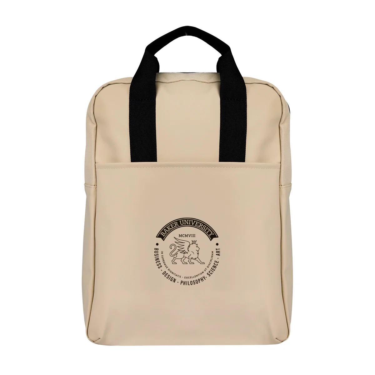 Backpack standing upright with padded shoulder straps and grab handle