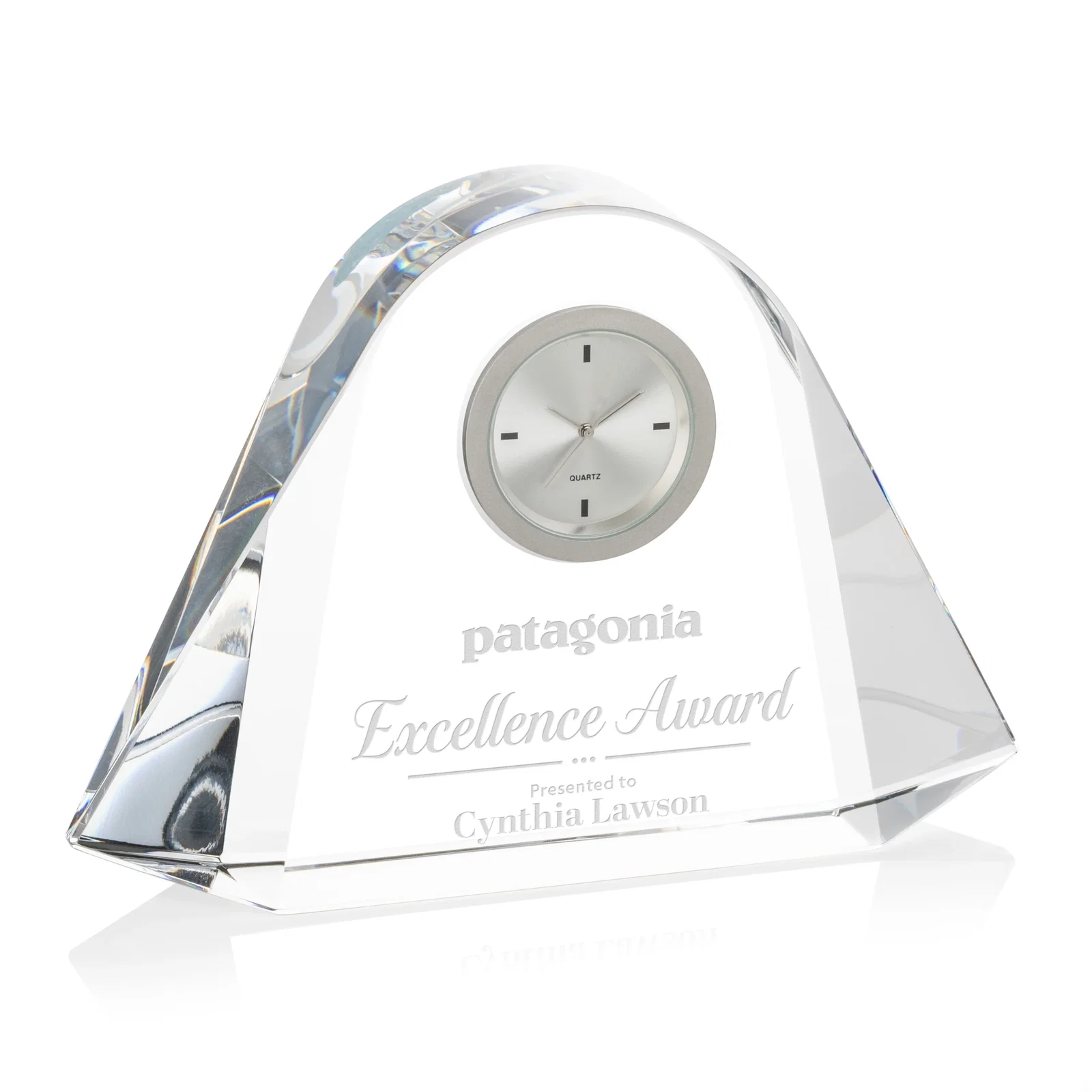 Custom Deep-Beveled Thick Optical Crystal Desk Clock for employee recognition