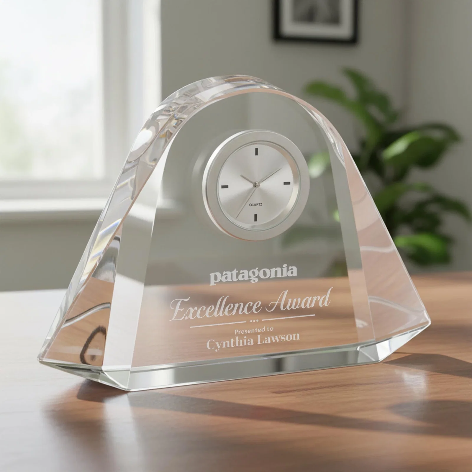 Custom Deep-Beveled Thick Optical Crystal Desk Clock for service anniversary gifts