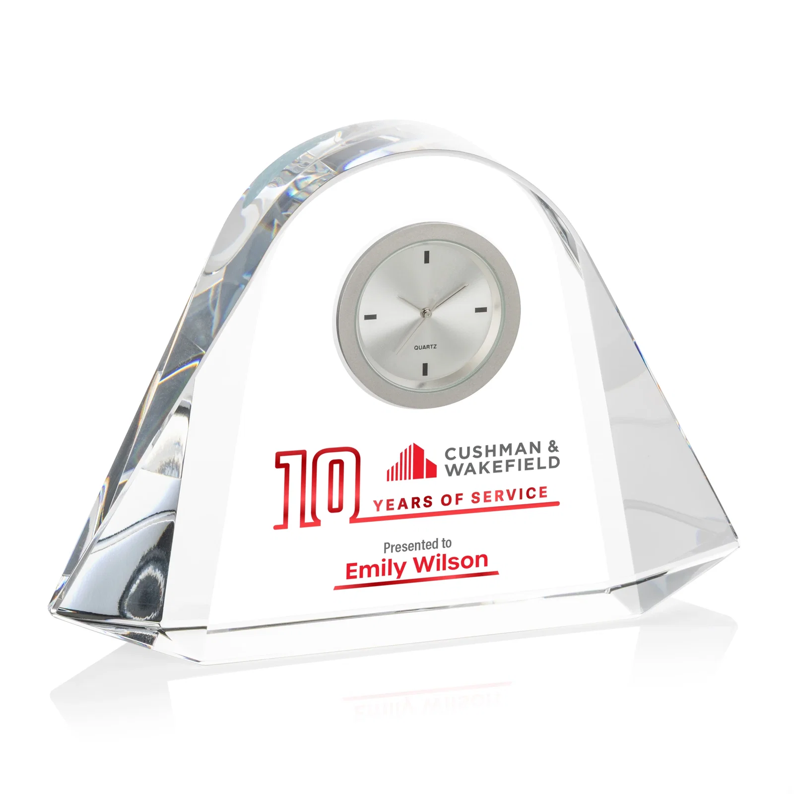 Custom Deep-Beveled Thick Optical Crystal Desk Clock for sales achievement awards