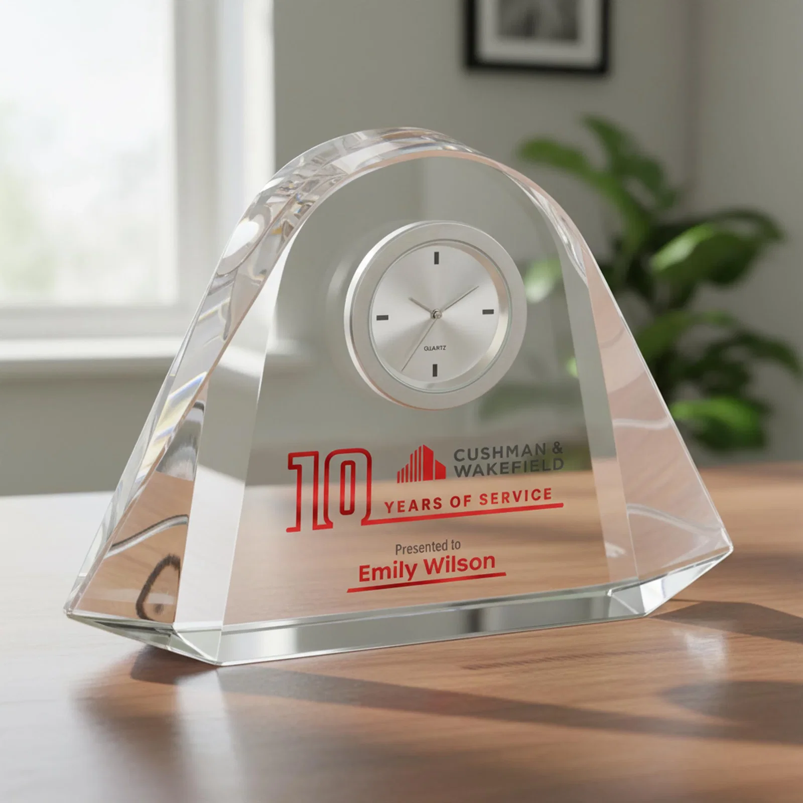 Custom Deep-Beveled Thick Optical Crystal Desk Clock for retirement presentations