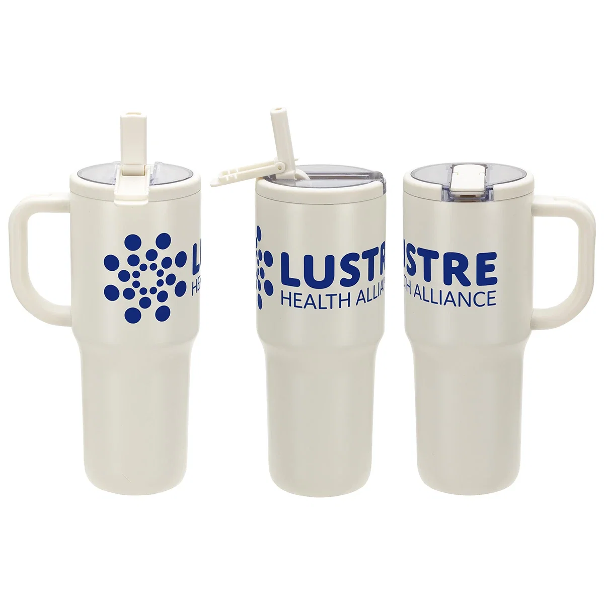 Angled view of the custom Everest 30 oz Vacuum Insulated Mug, highlighting its tall insulated profile