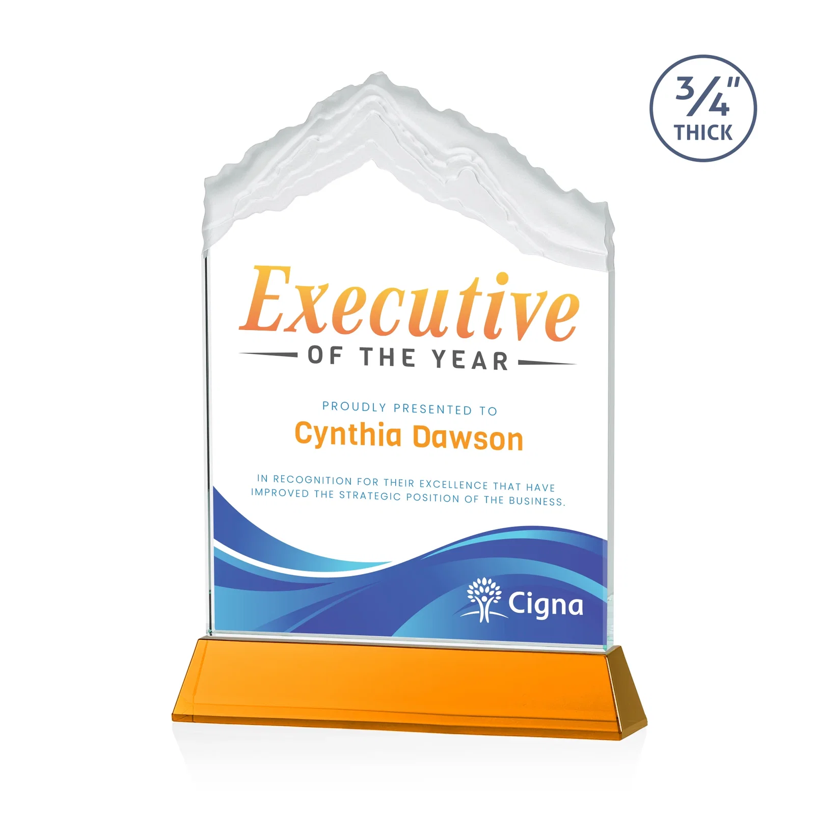 Branded Starfire Crystal Mountain Peak Award with Second Etch Option, awards for retirement presentations