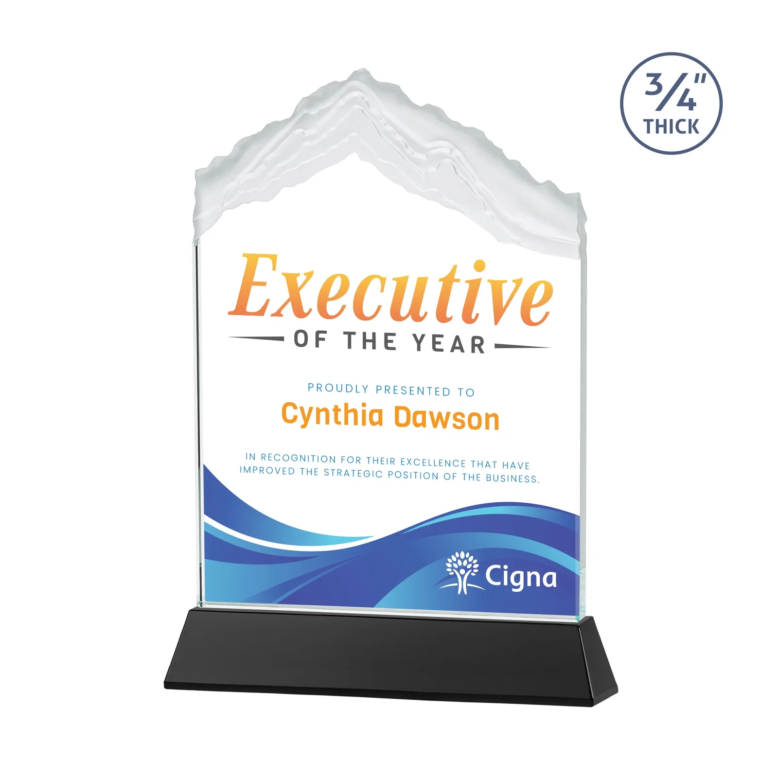Custom printed Starfire Crystal Mountain Peak Award with Second Etch Option, awards for employee recognition