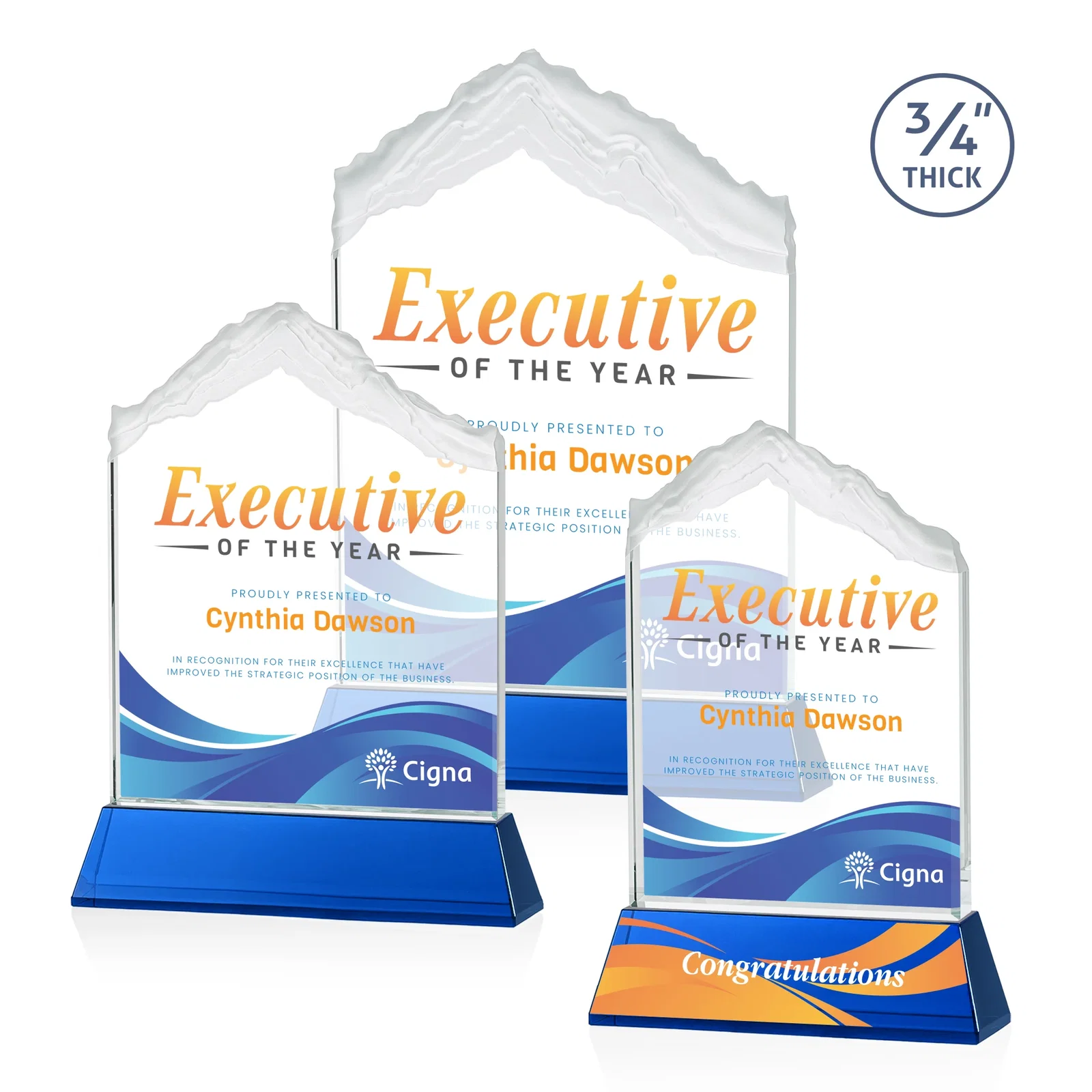 Custom printed Starfire Crystal Mountain Peak Award with Second Etch Option, awards for corporate award ceremonies